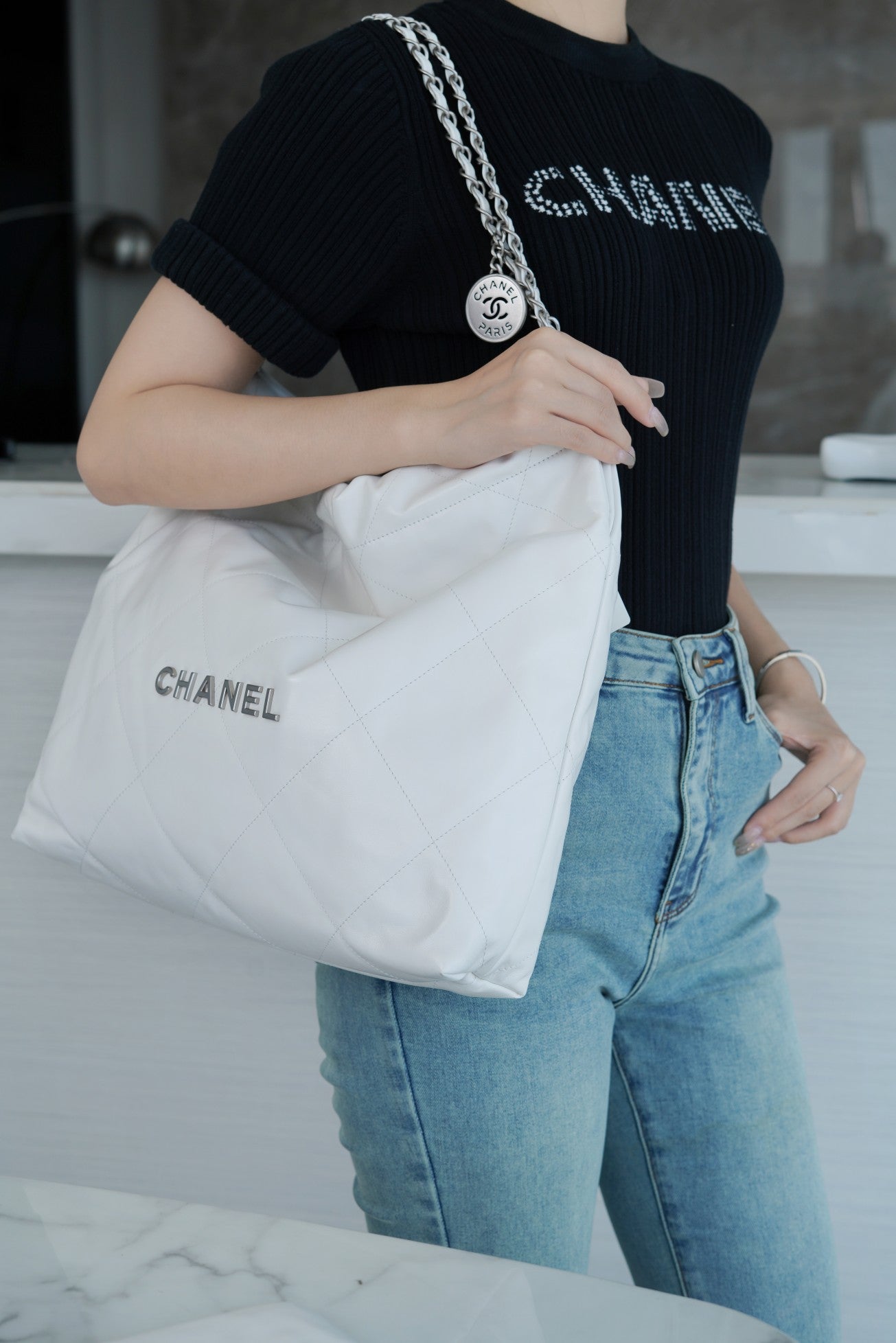 小香家-Chanel 22號手袋 白銀色中號