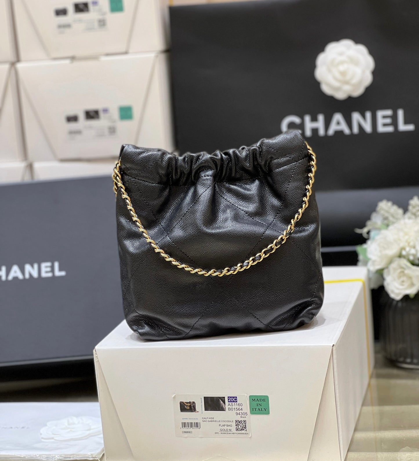 小香家-Chanel 22號手袋 魚子醬皮黑金色 小號