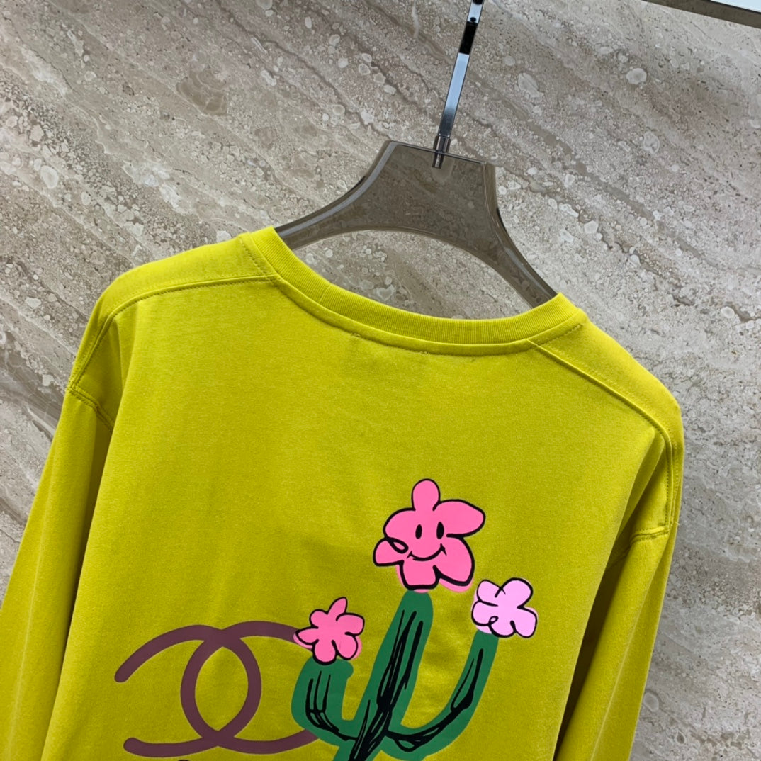 小香家-2403 中古仙人掌印花薑黃色長袖TEE