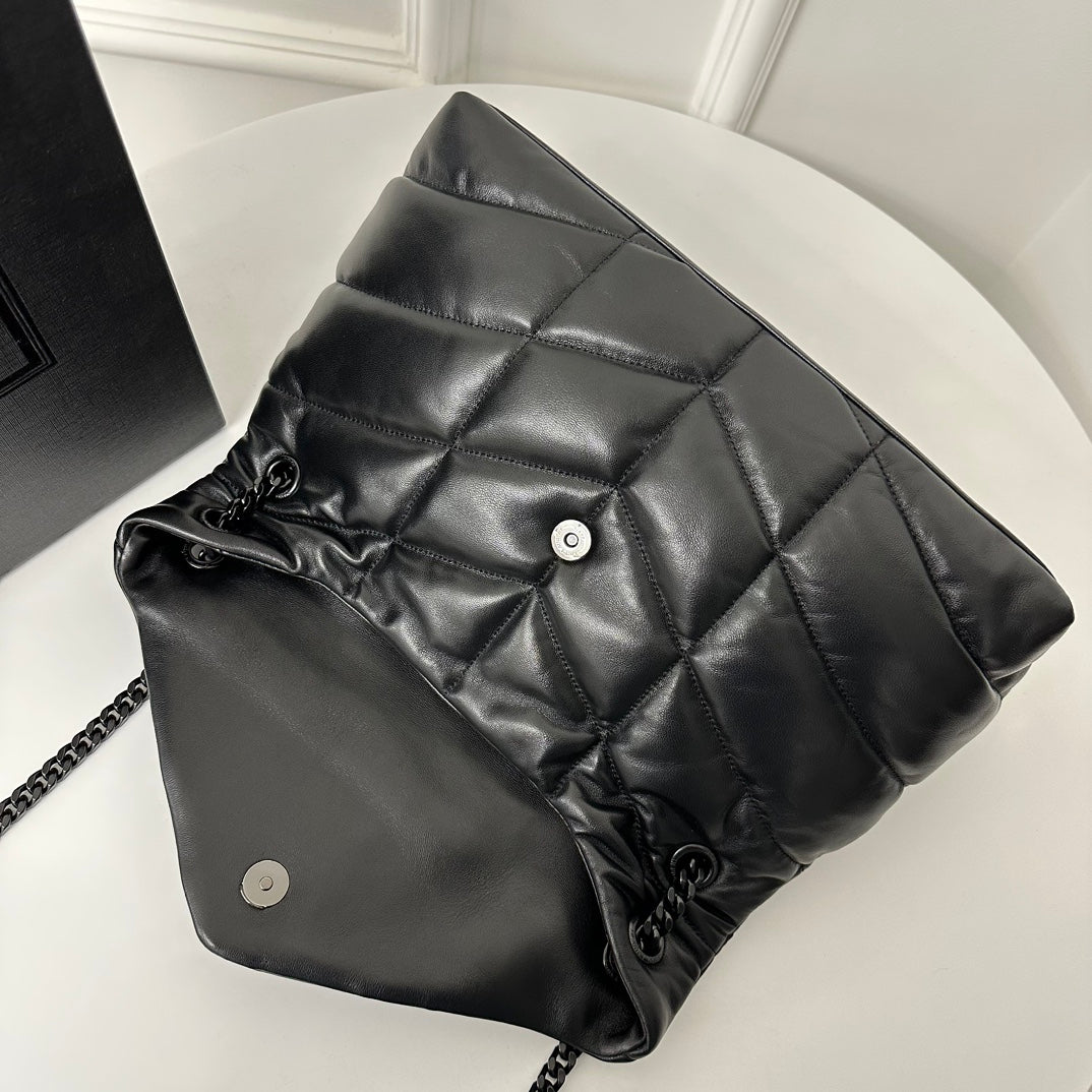 聖Y羅-Loulou Puffer 35cm 絎縫小羊皮雲朵包 黑色黑扣