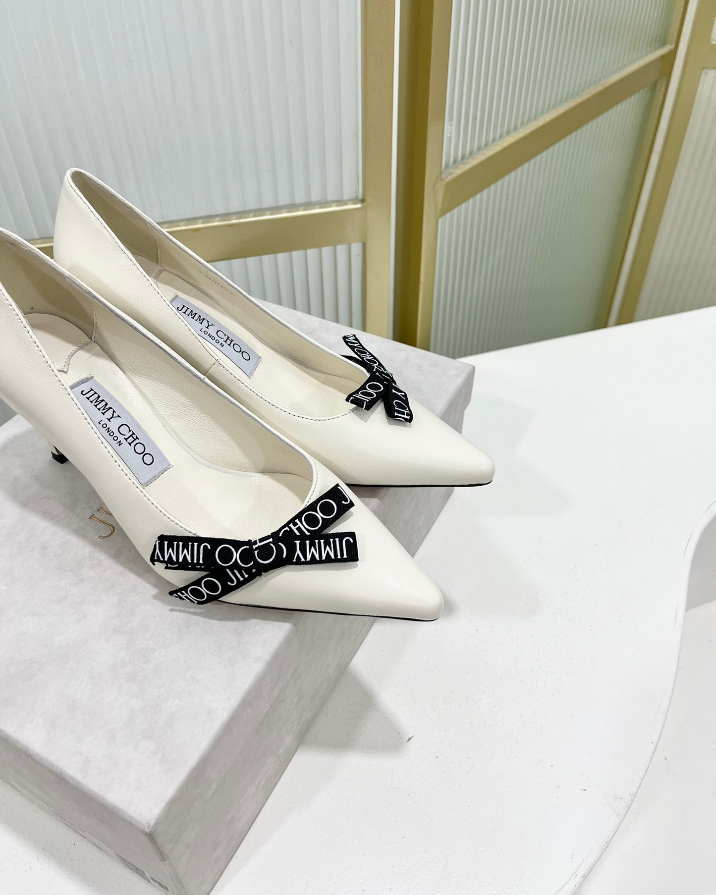 JC傑米-2023新款 印花織帶尖頭高跟鞋 6CM 白色