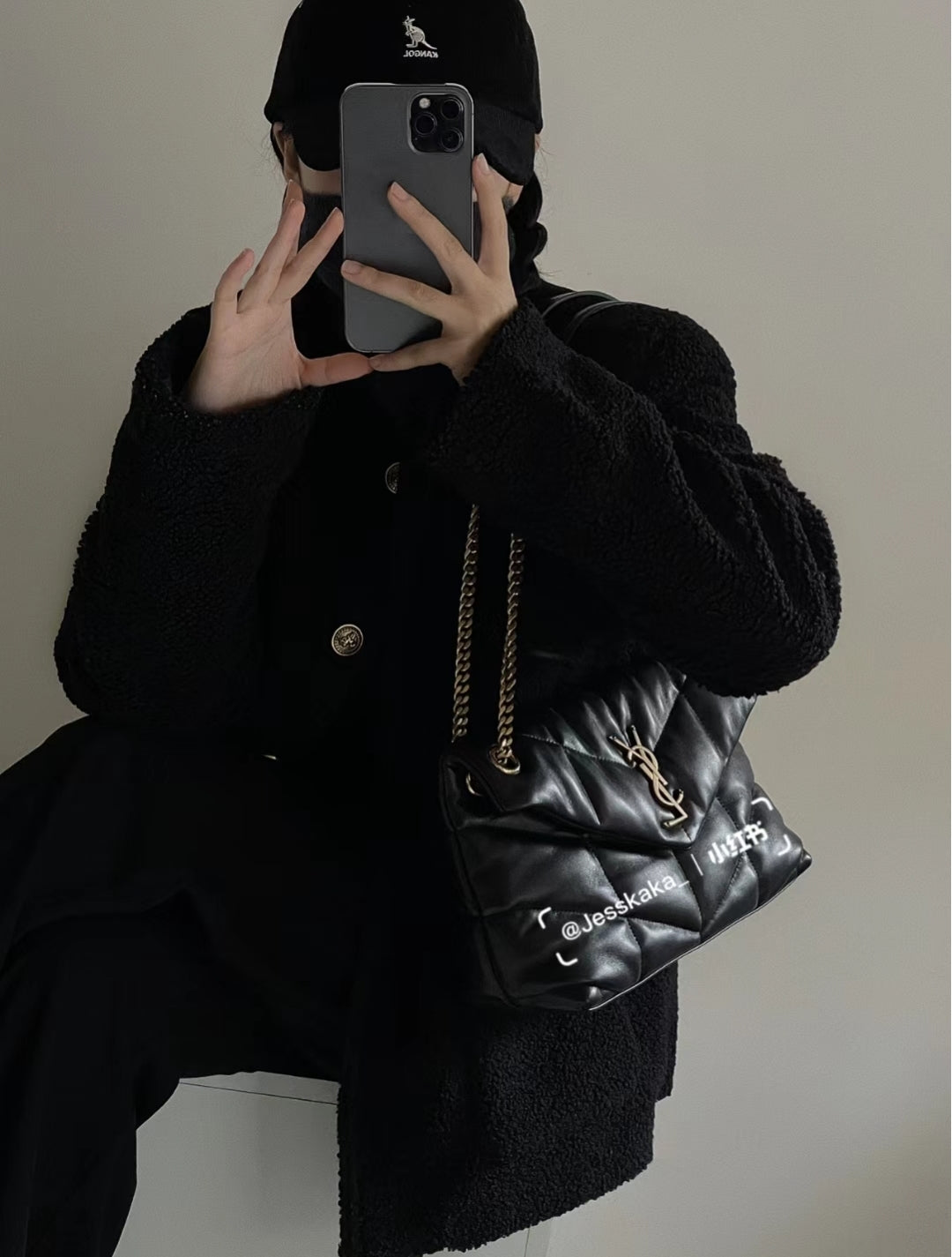 聖Y羅-Loulou Puffer 29cm 絎縫小羊皮雲朵包 黑色金扣