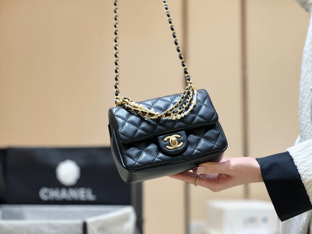小香家-Chanel 珍珠鍊方胖子 肩背包/手提包 黑色