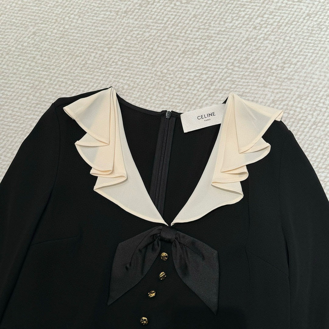 賽C家-2404 24春夏新款法式荷葉邊V領小黑裙