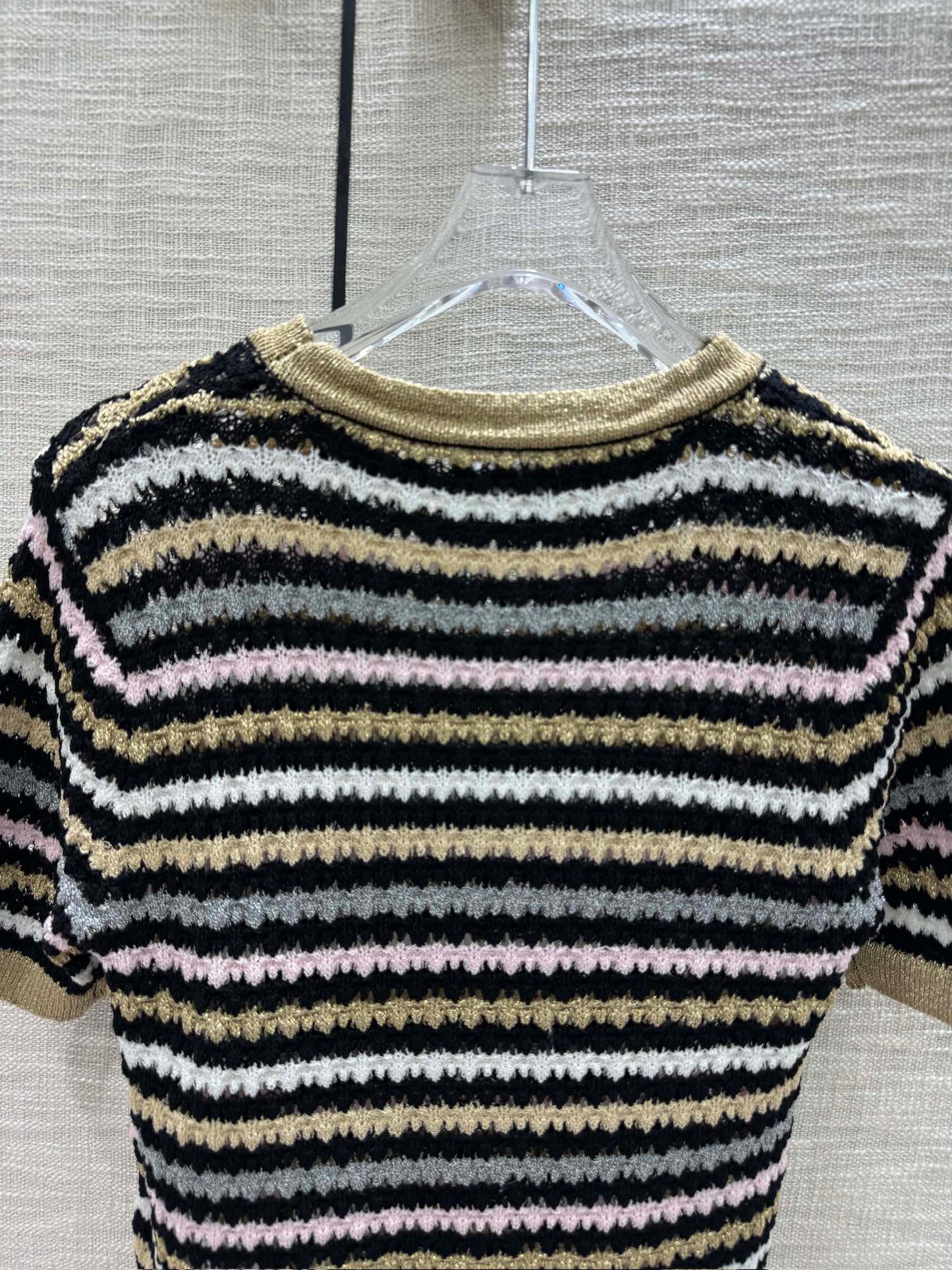穆M家-2404 撞色條紋針織短袖 黃色