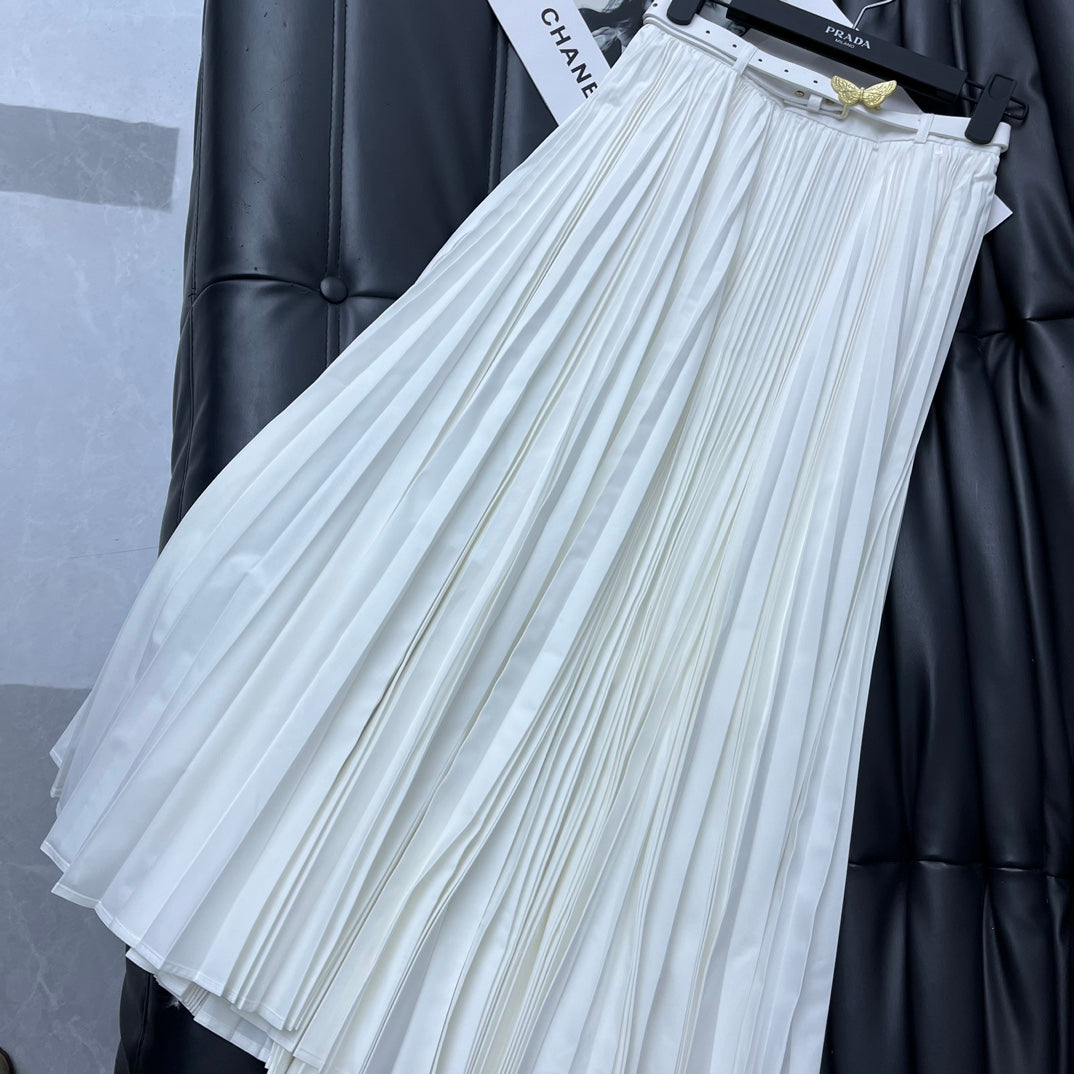 迪D家-2403 24新品上架腰帶壓褶大擺長裙 白色