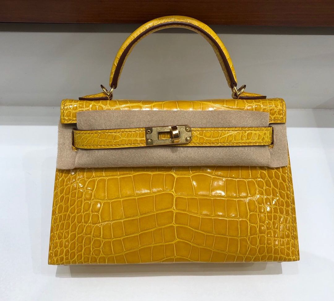 小愛款-Kelly mini 2代 美洲鱷魚 琥珀黃 金扣