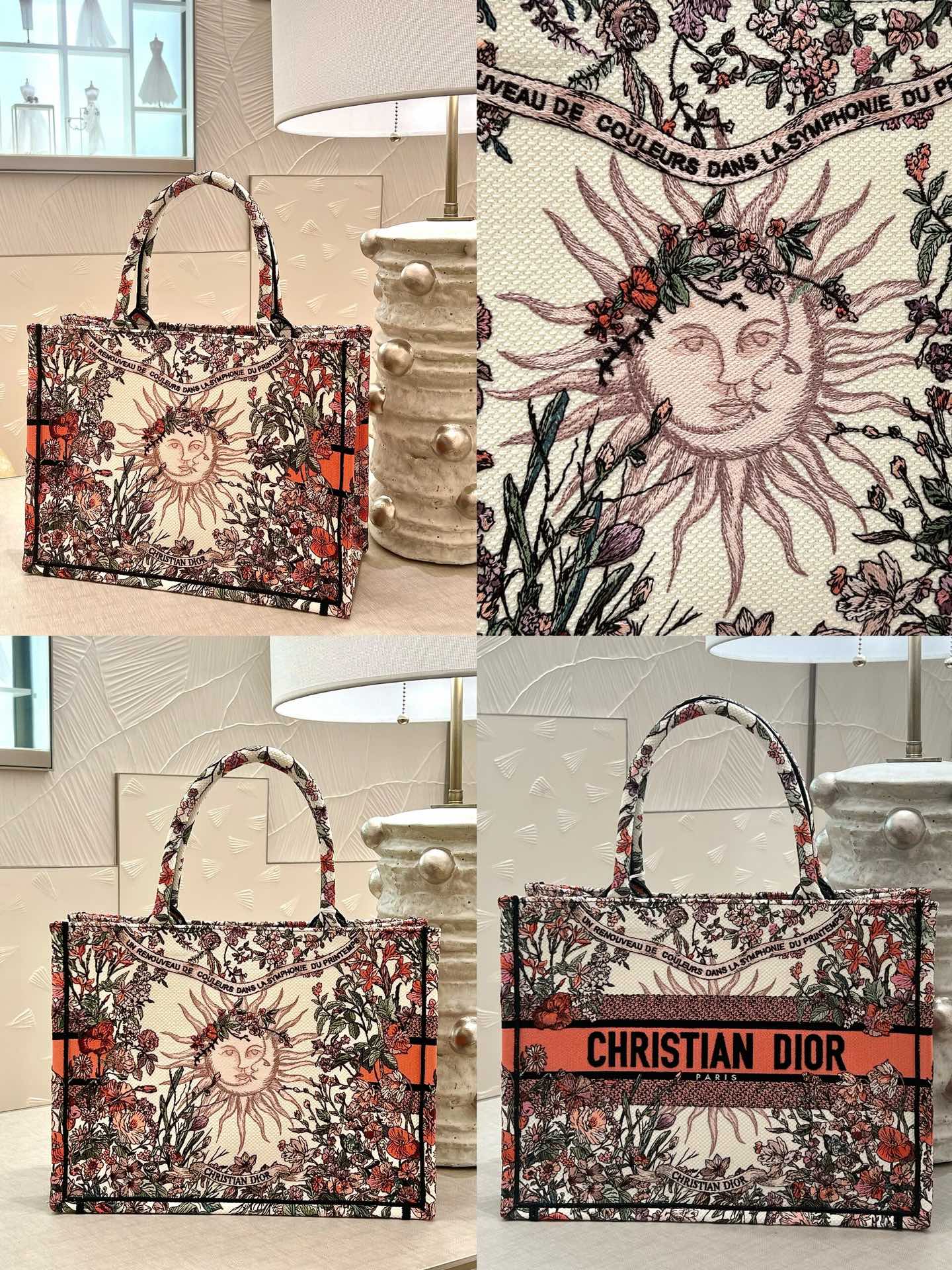迪D家-2024春夏系列 Book Tote 太陽刺繡 白粉色 中號