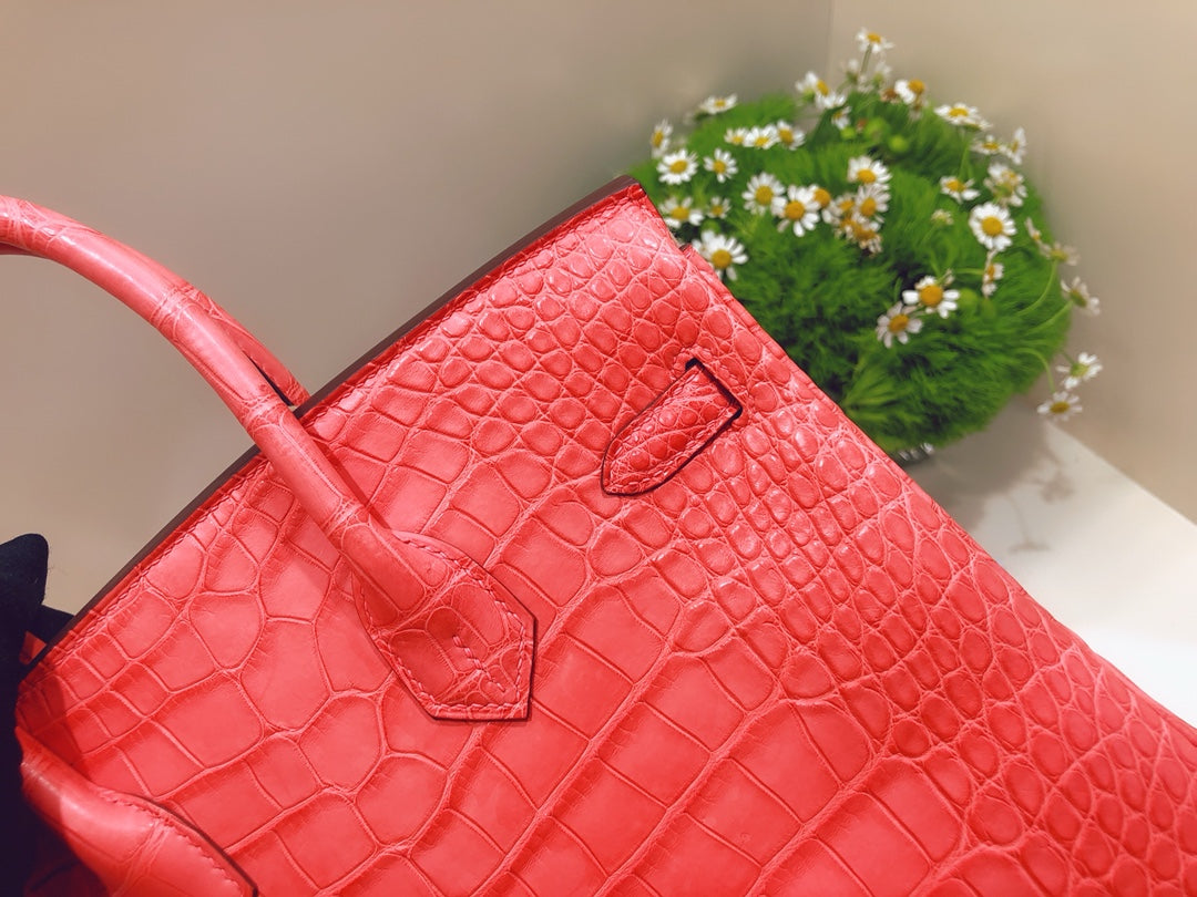 小愛款-Birkin 25 美洲方塊鱷魚 A5 Mat croco handle 杜鵑紅 金扣