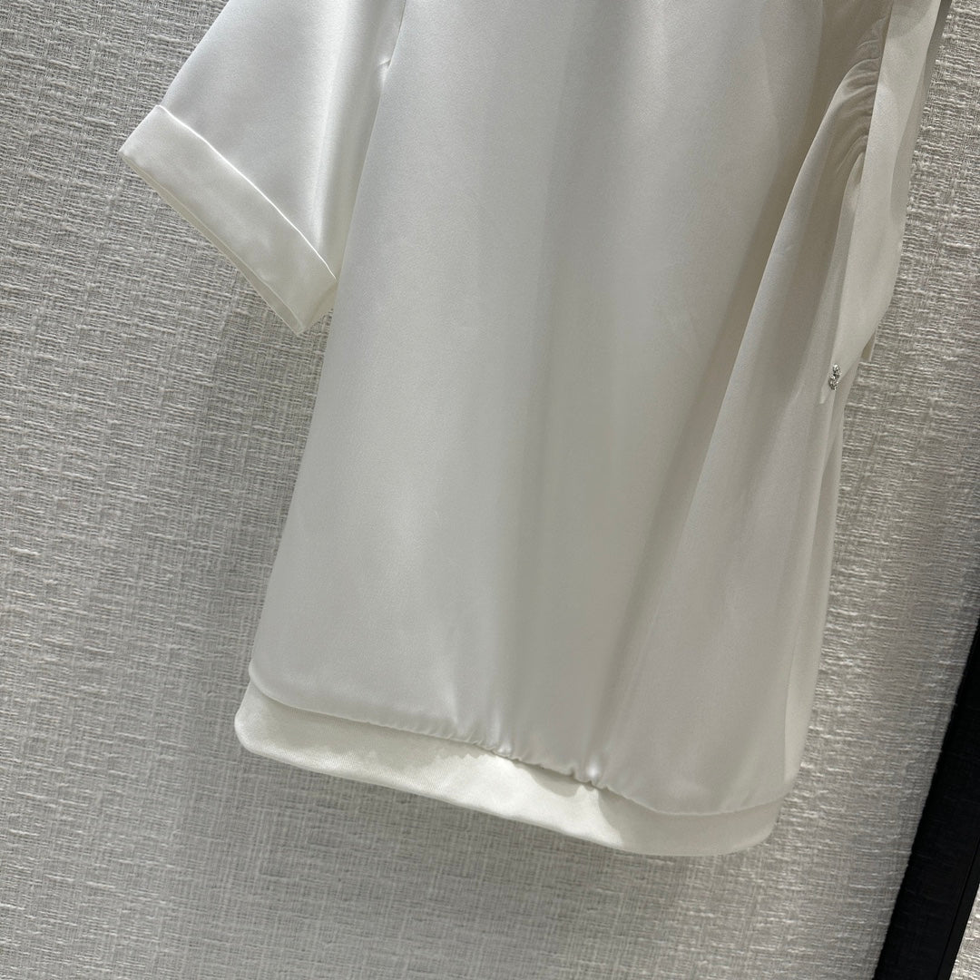 小香家-2404 24s春夏新品蝴蝶結繫帶圓領單袖小上衣 白色