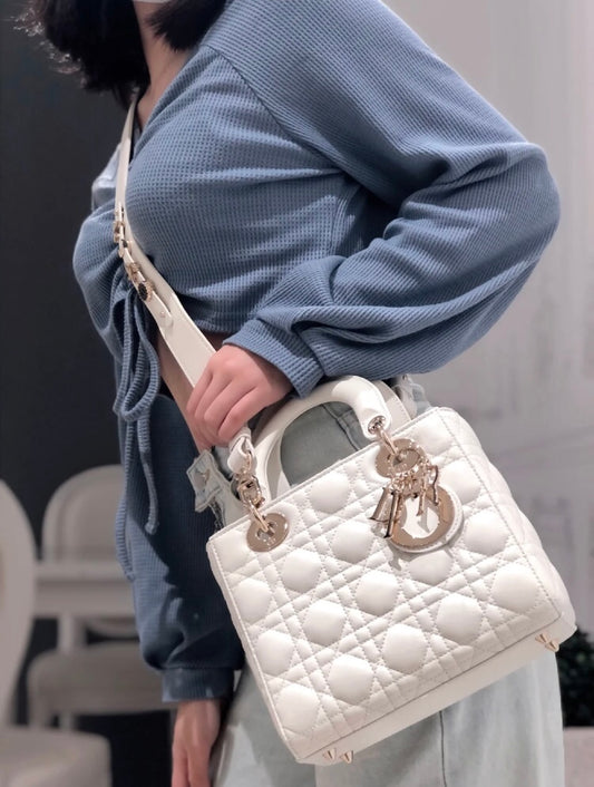 迪D家-Lady dior myABC 羊皮白色金扣 小號