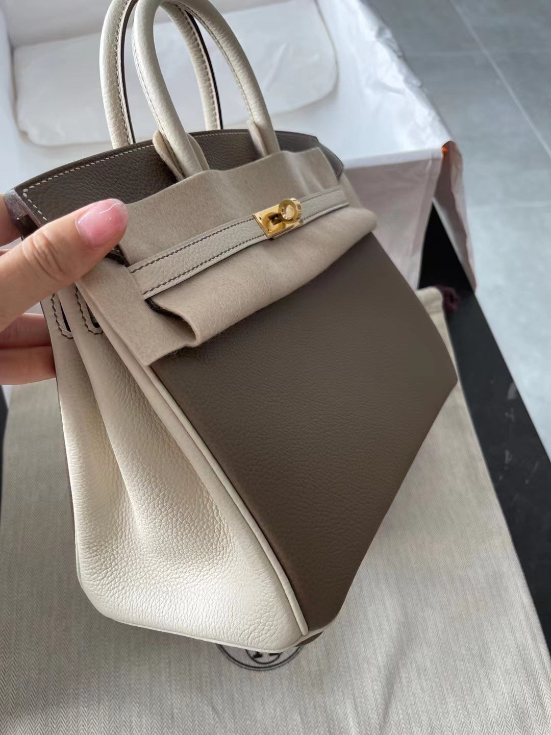 小愛款-Birkin 25 Togo 大象灰拼奶昔白 金扣 U刻