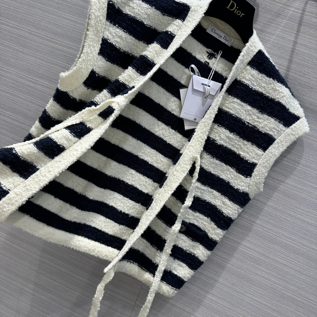 迪D家-2403 24春夏新品氣質海軍藍白配色綁帶針織背心
