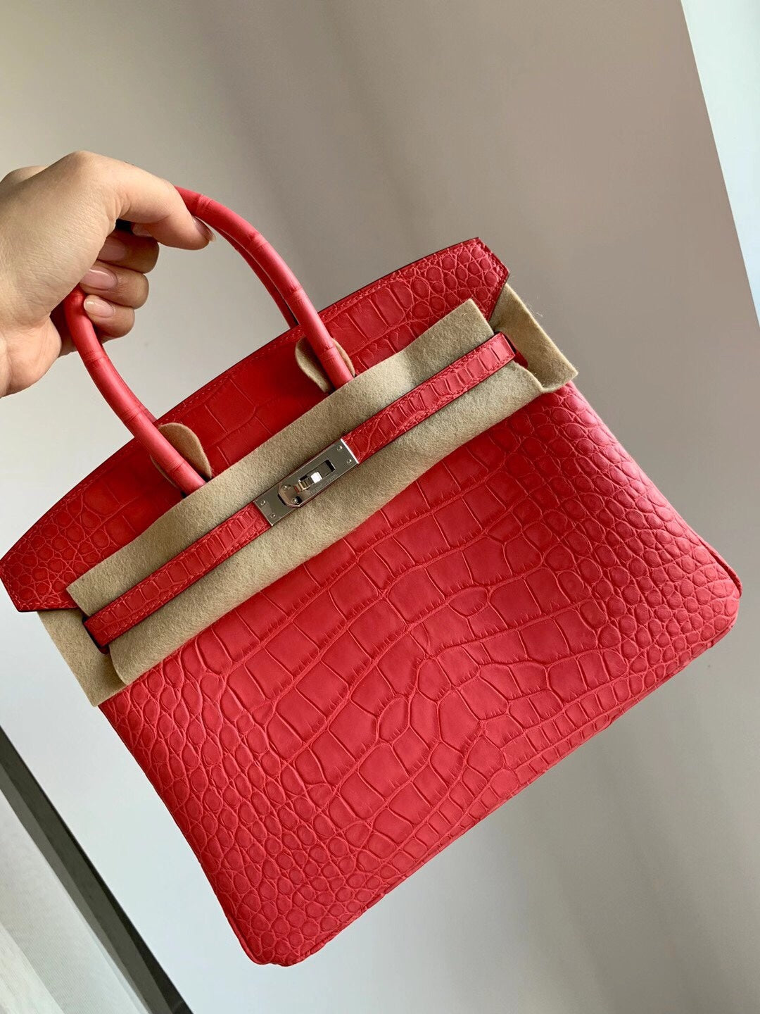 小愛款-Birkin 25 美洲方塊鱷魚 A5 Mat croco handle 杜鵑紅 銀扣