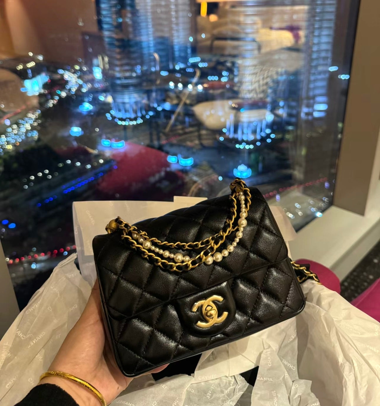 小香家-Chanel 珍珠鍊方胖子 肩背包/手提包 黑色