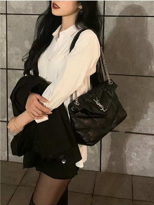 聖Y羅-Loulou Puffer 29cm 絎縫小羊皮雲朵包 黑色銀扣