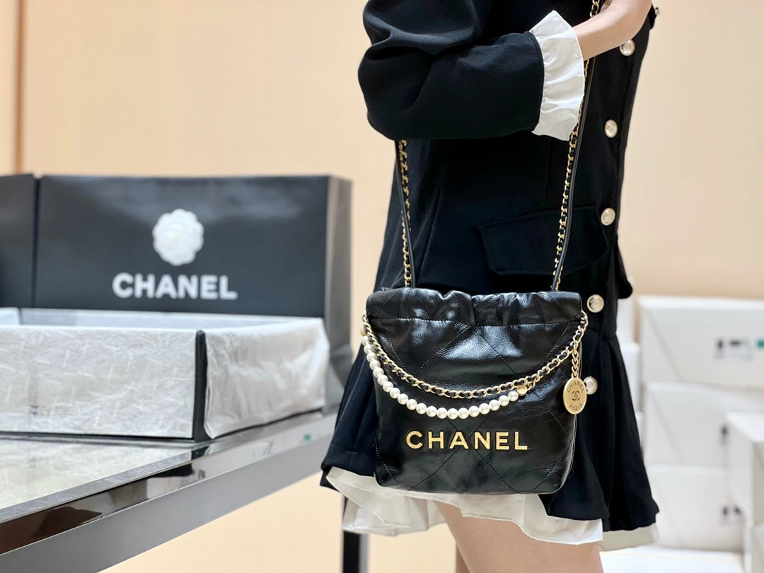 小香家-Chanel 22號手袋 黑色 雙鍊條 珍珠鍊