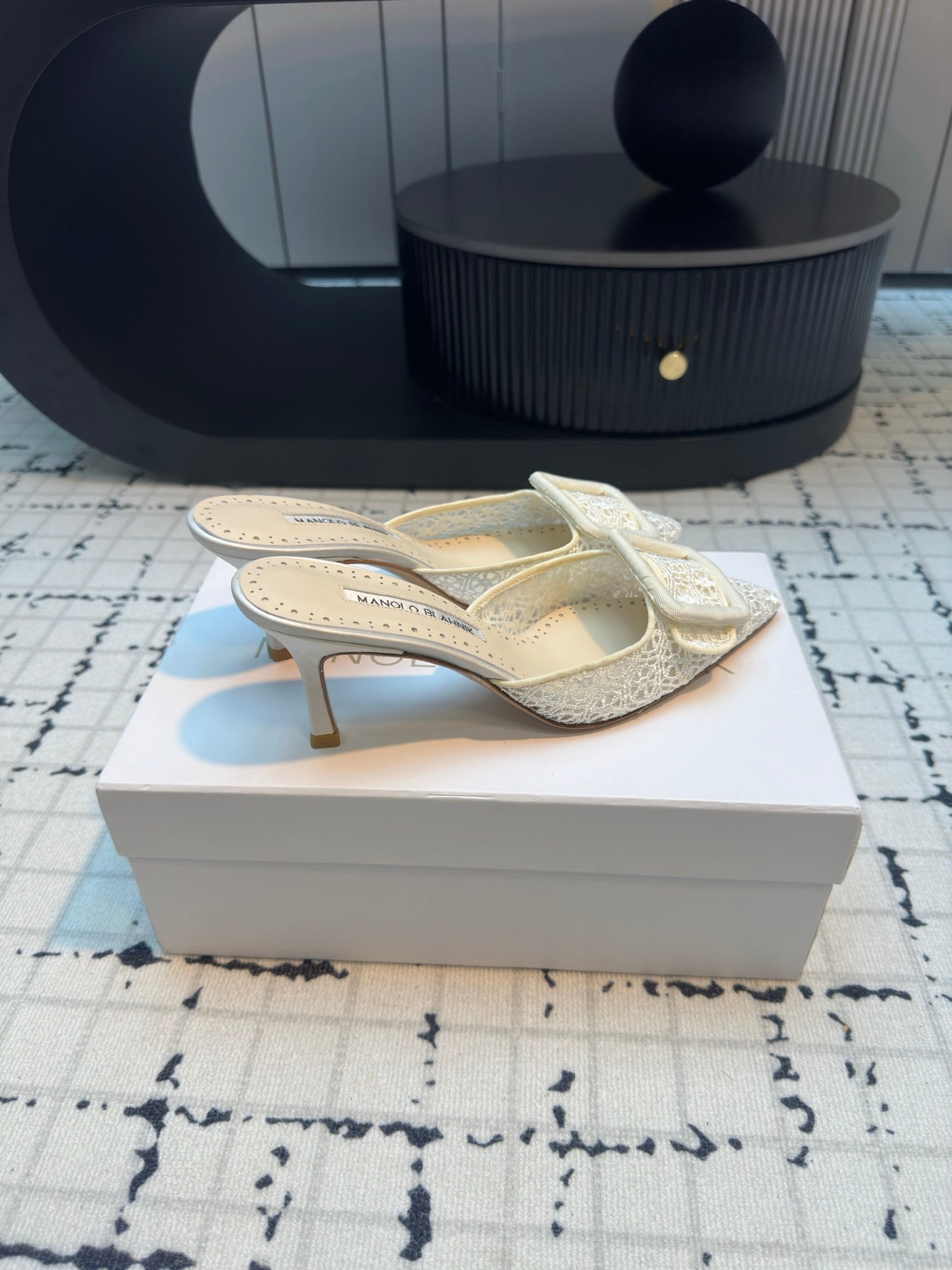 Manolo Blahnik-2024 蕾絲高跟拖鞋 白色