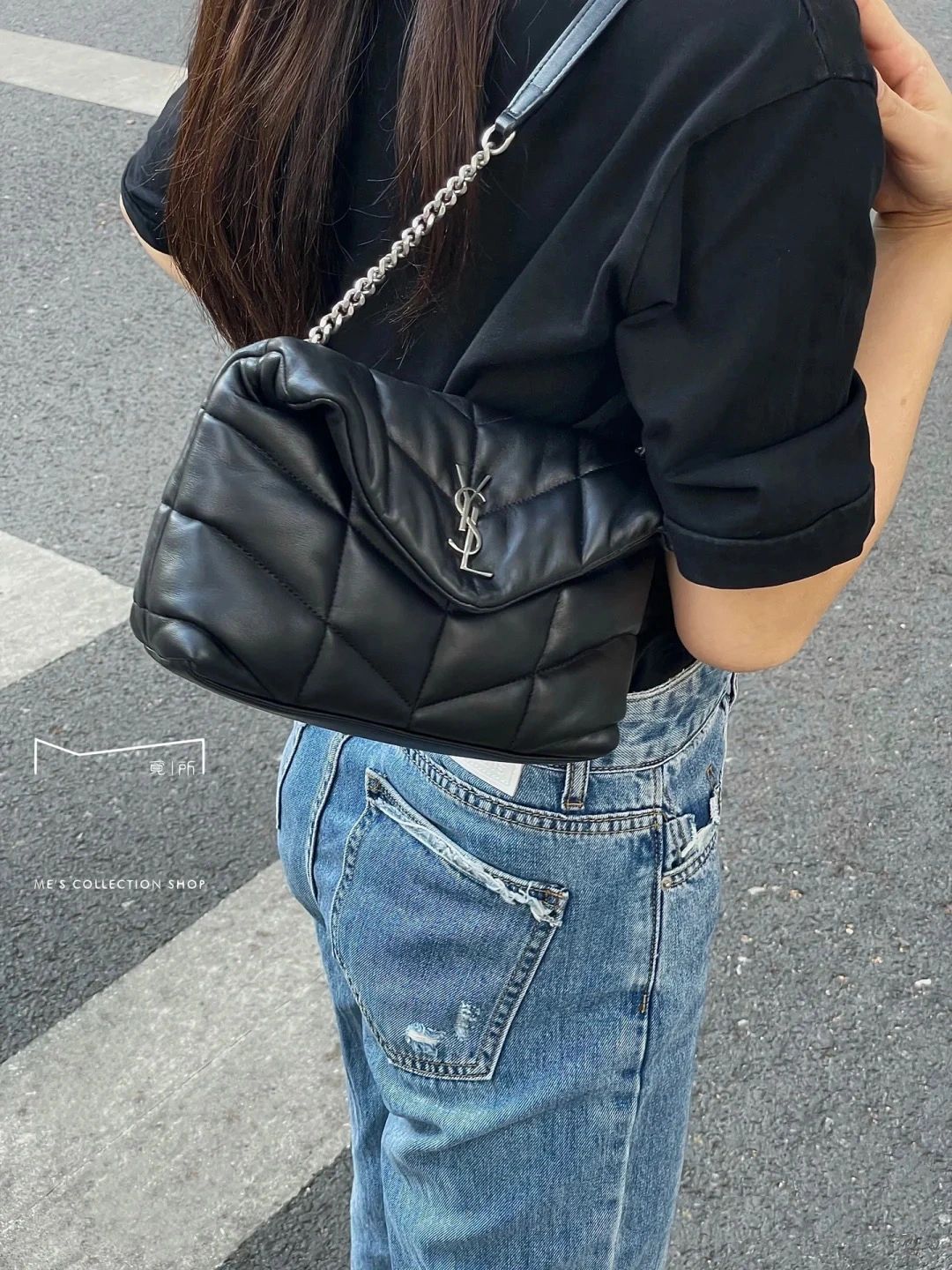 聖Y羅-Loulou Puffer 23cm 絎縫小羊皮雲朵包 黑色銀扣