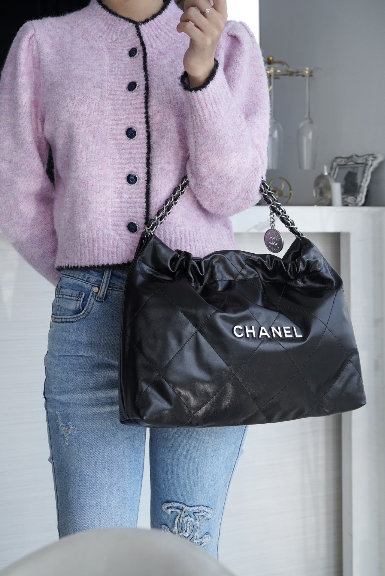 小香家-Chanel 22號手袋 橫版 黑銀色
