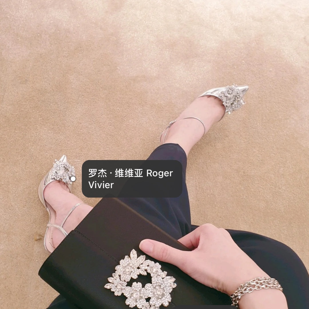R方扣頭鞋-Bouquet Strass鑽扣 高跟涼鞋 銀色