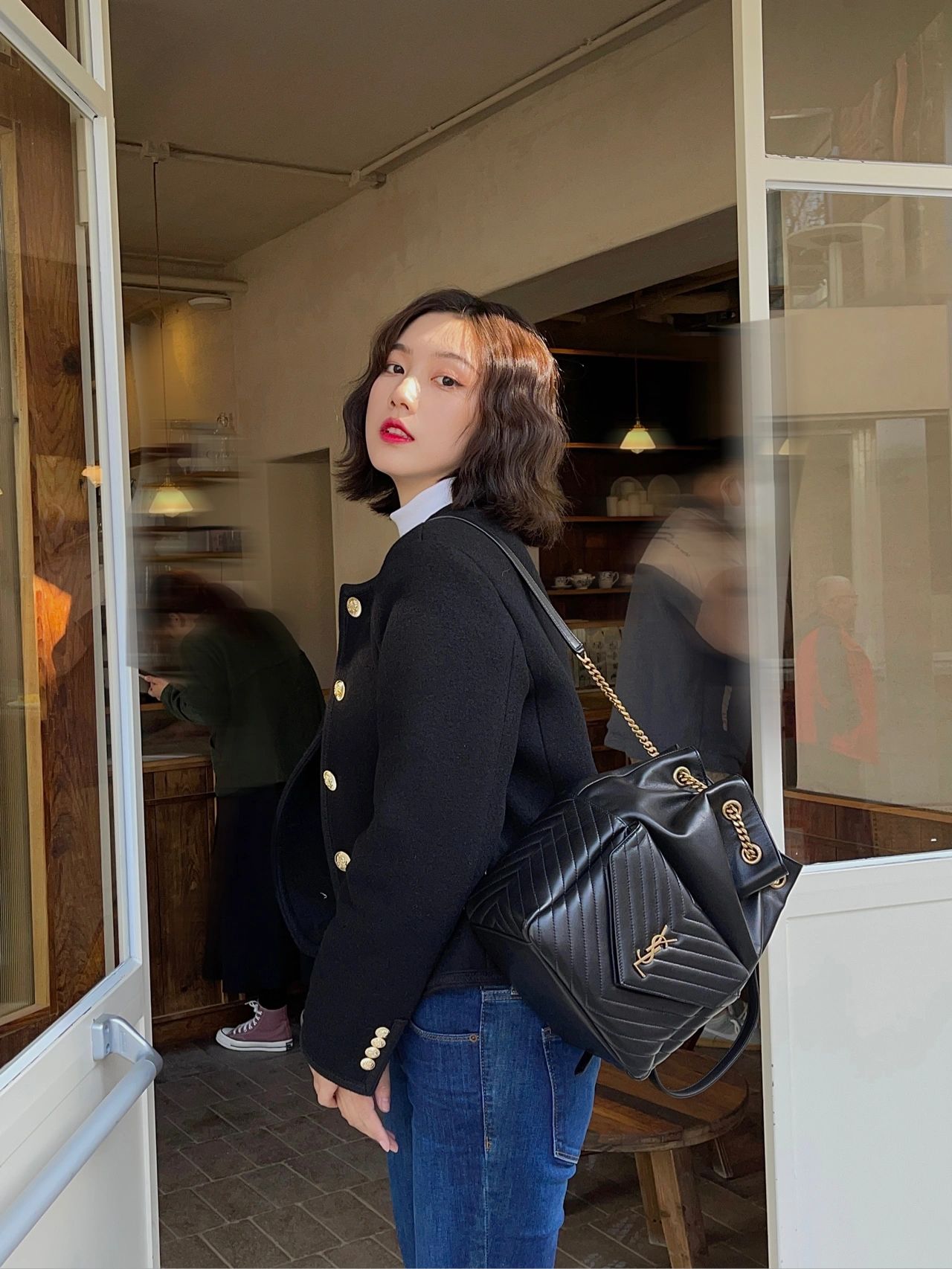 聖Y羅-Joe Backpack 絎縫雙肩包 黑色金扣 29CM