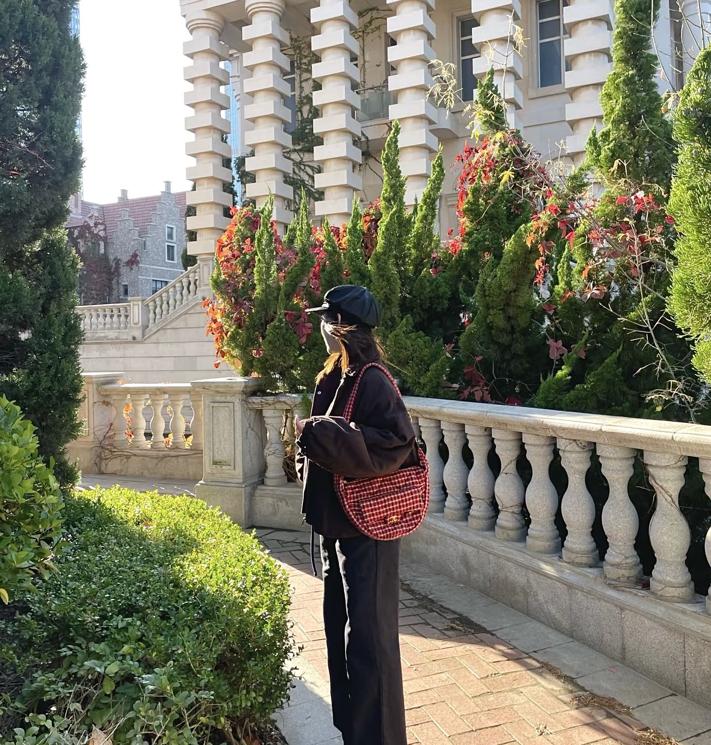 小香家-千鳥格紋斜挎流浪包 紅色