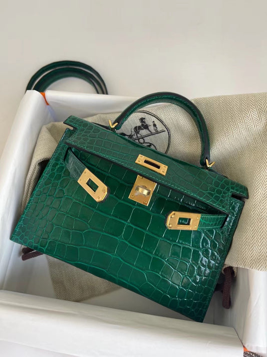 小愛款-Kelly mini 2代 方塊鱷魚 6Q翡翠綠 金扣
