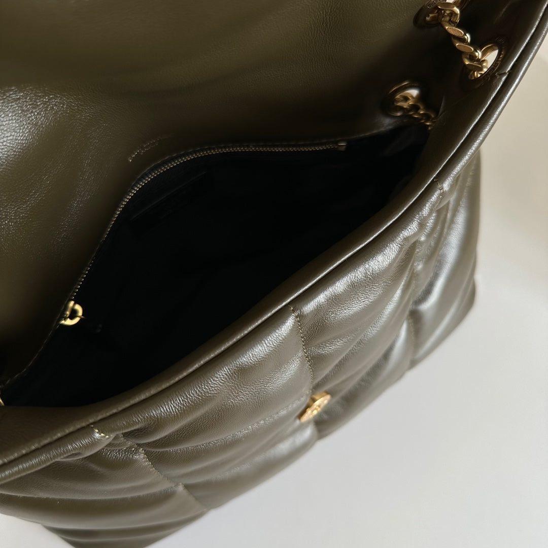 聖Y羅-Loulou Puffer 29cm 絎縫小羊皮雲朵包 墨綠色