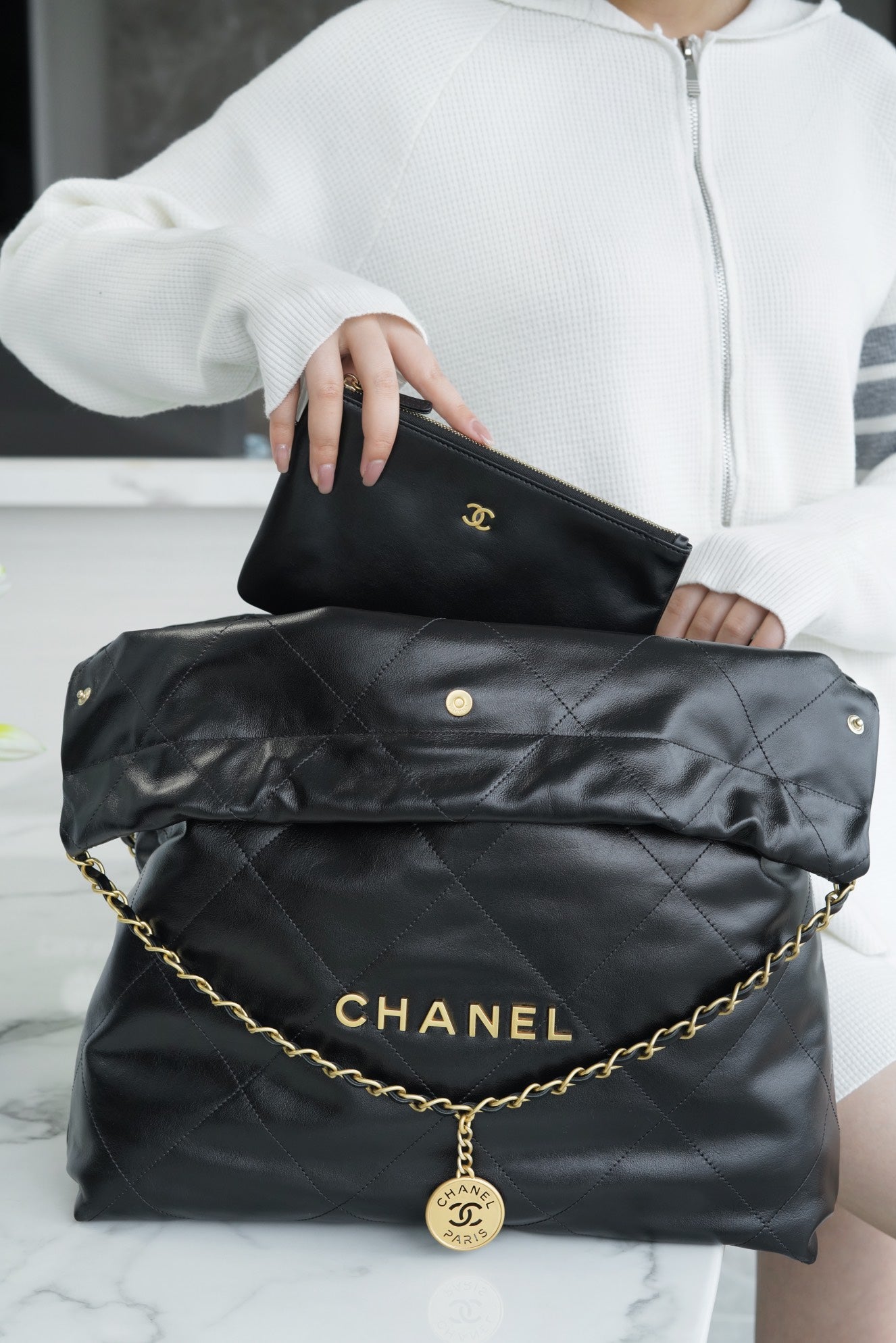 小香家-Chanel 22號手袋 黑金色大號