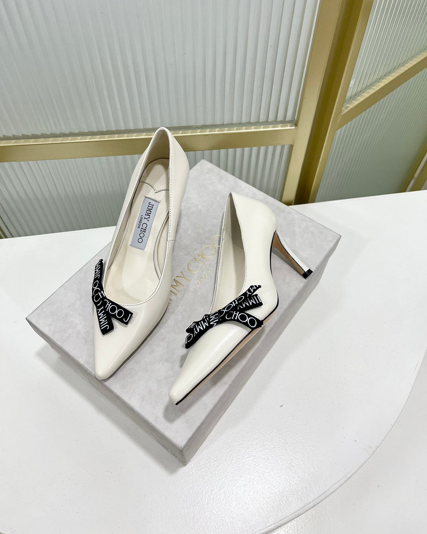 JC傑米-2023新款 印花織帶尖頭高跟鞋 6CM 白色