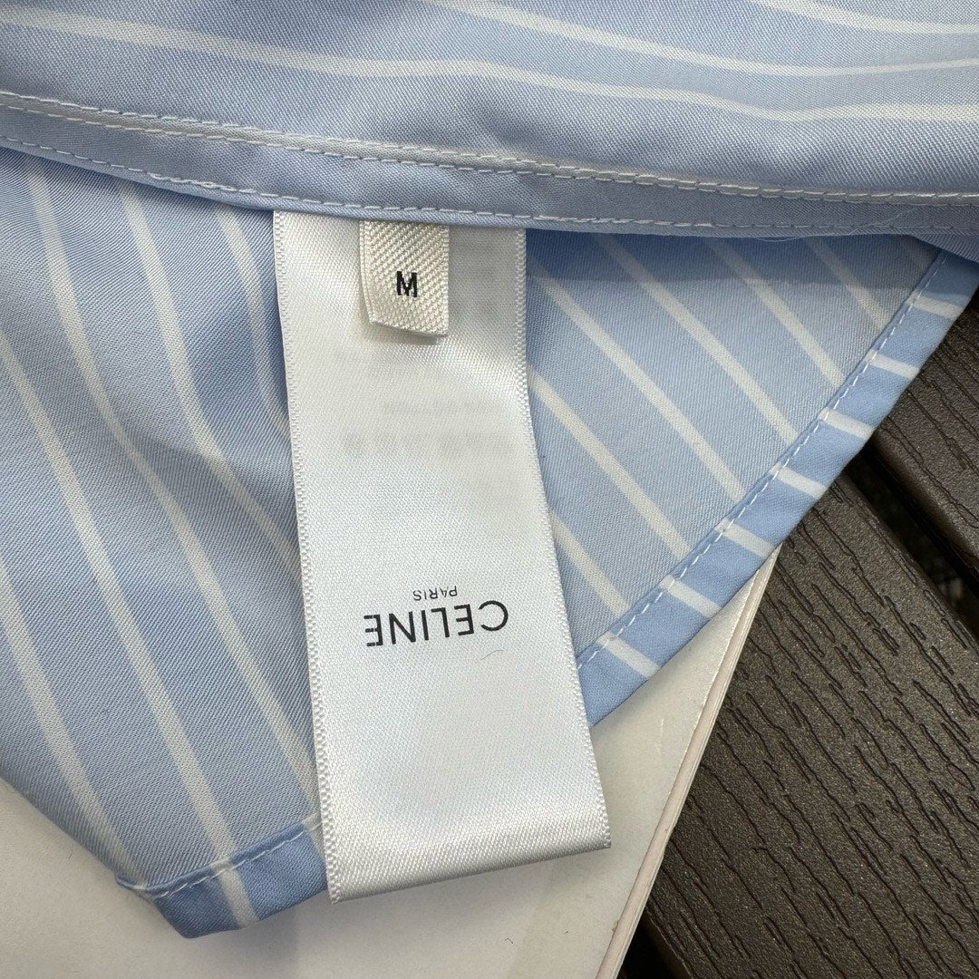 賽C家-2403 24春夏新款凱旋門標誌刺繡藍白條紋襯衫