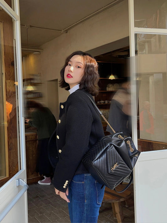 聖Y羅-Joe Backpack 絎縫雙肩包 黑色金扣 29CM 上身圖