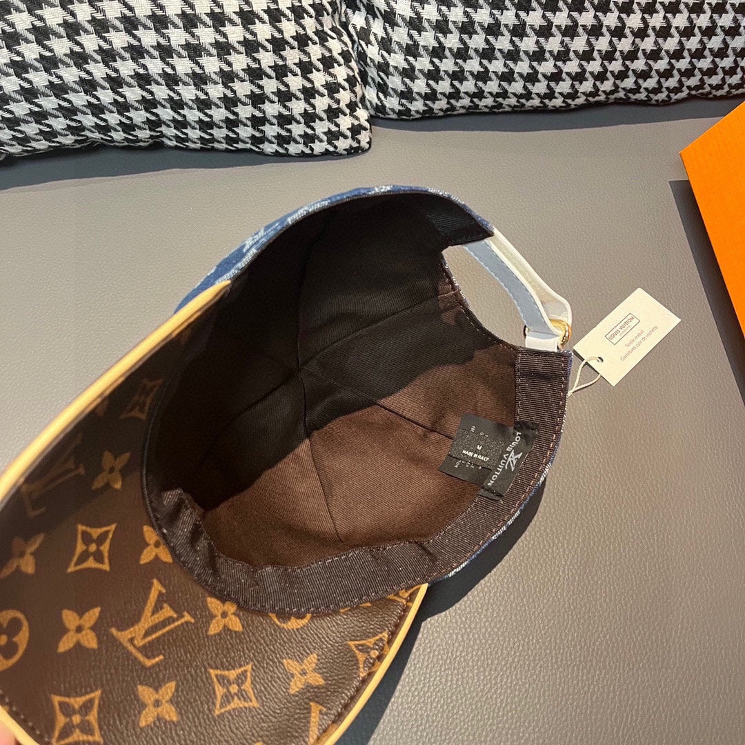 路L家-新款 老花牛仔拼皮鴨舌帽 藍色