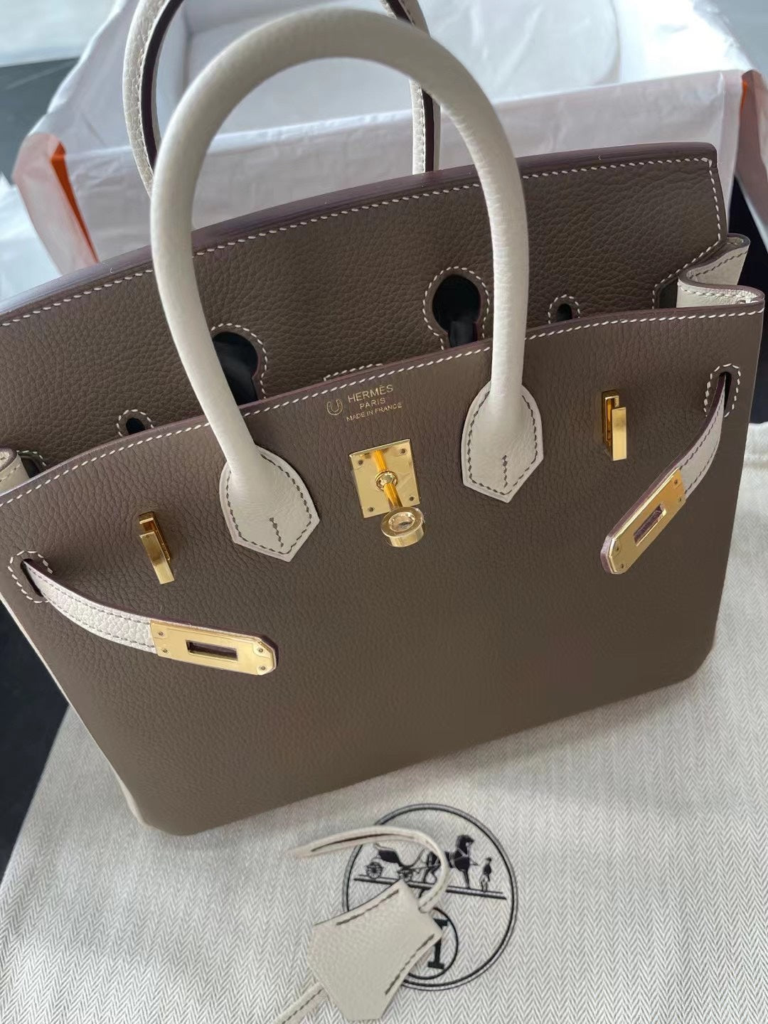小愛款-Birkin 25 Togo 大象灰拼奶昔白 金扣 U刻