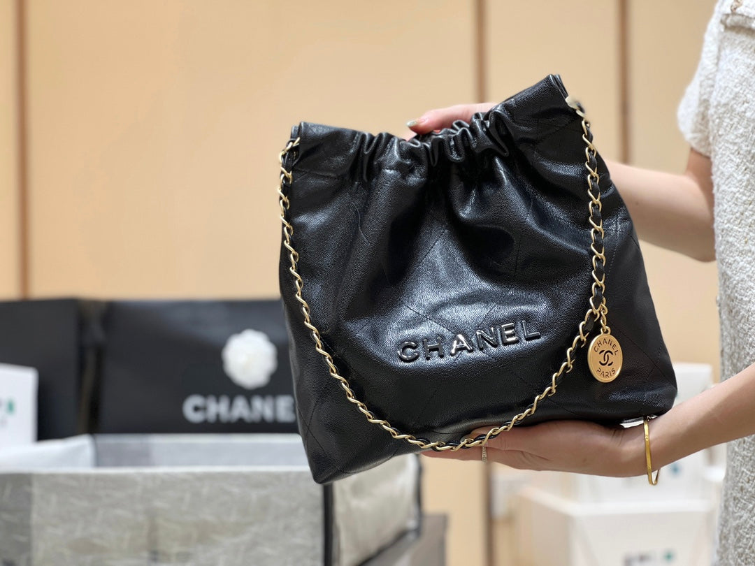 小香家-Chanel 22號手袋 魚子醬皮黑金色 中號