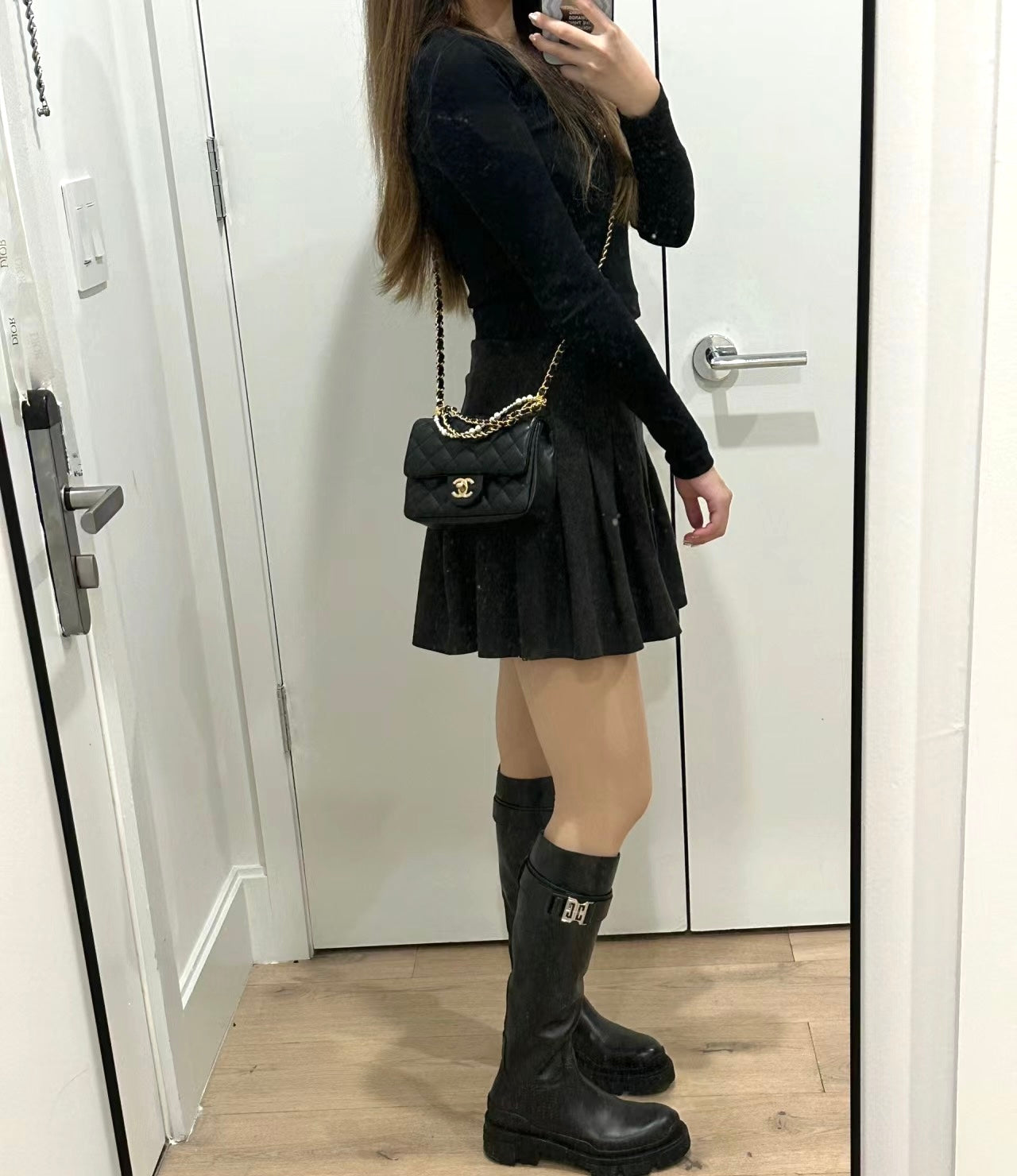 小香家-Chanel 珍珠鍊方胖子 肩背包/手提包 黑色