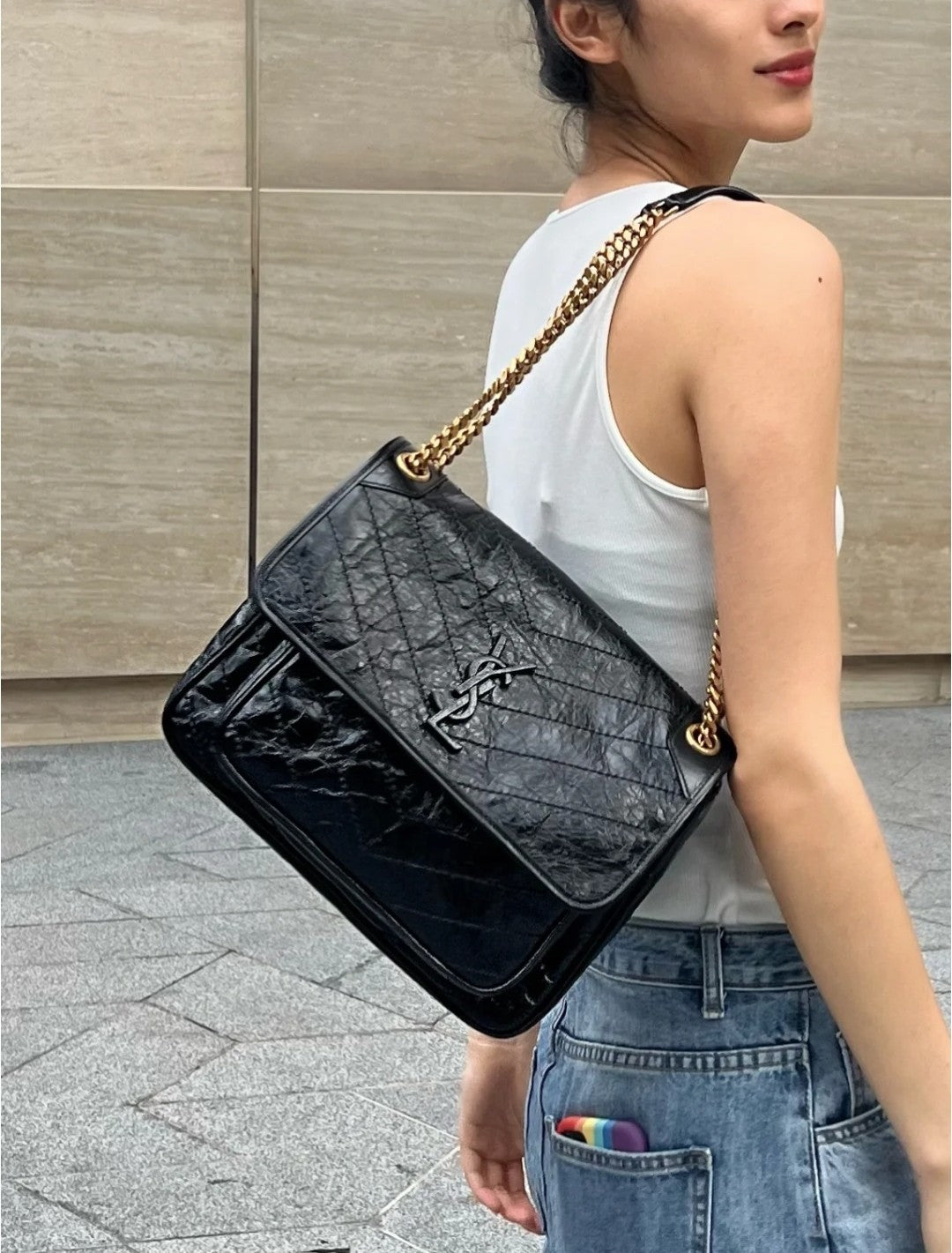 熱銷款 聖Y羅-Niki 28cm 牛皮 黑色金鏈 上身圖