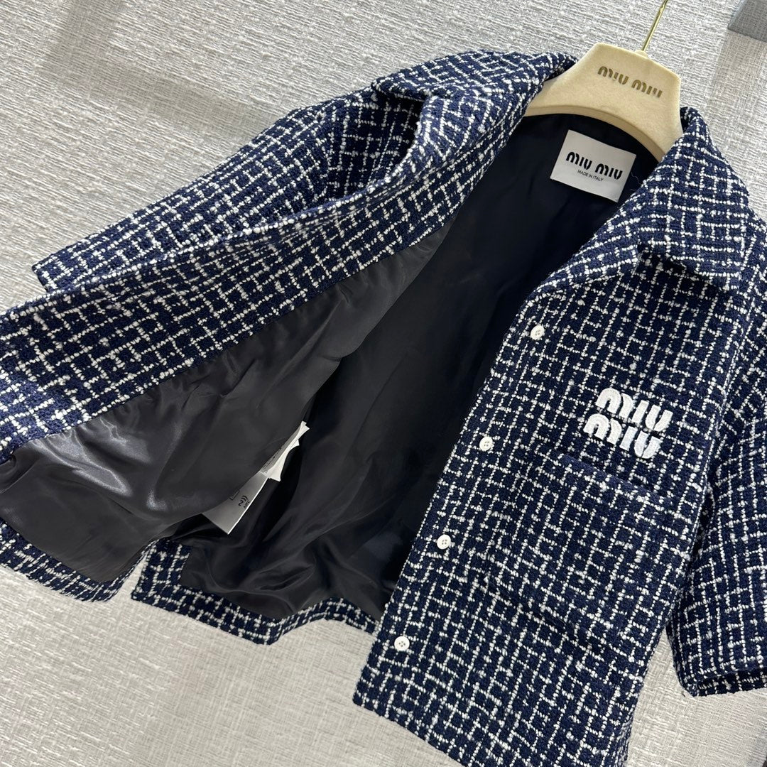 穆M家-2404 24早春專櫃新品藍白細格粗花呢套裝