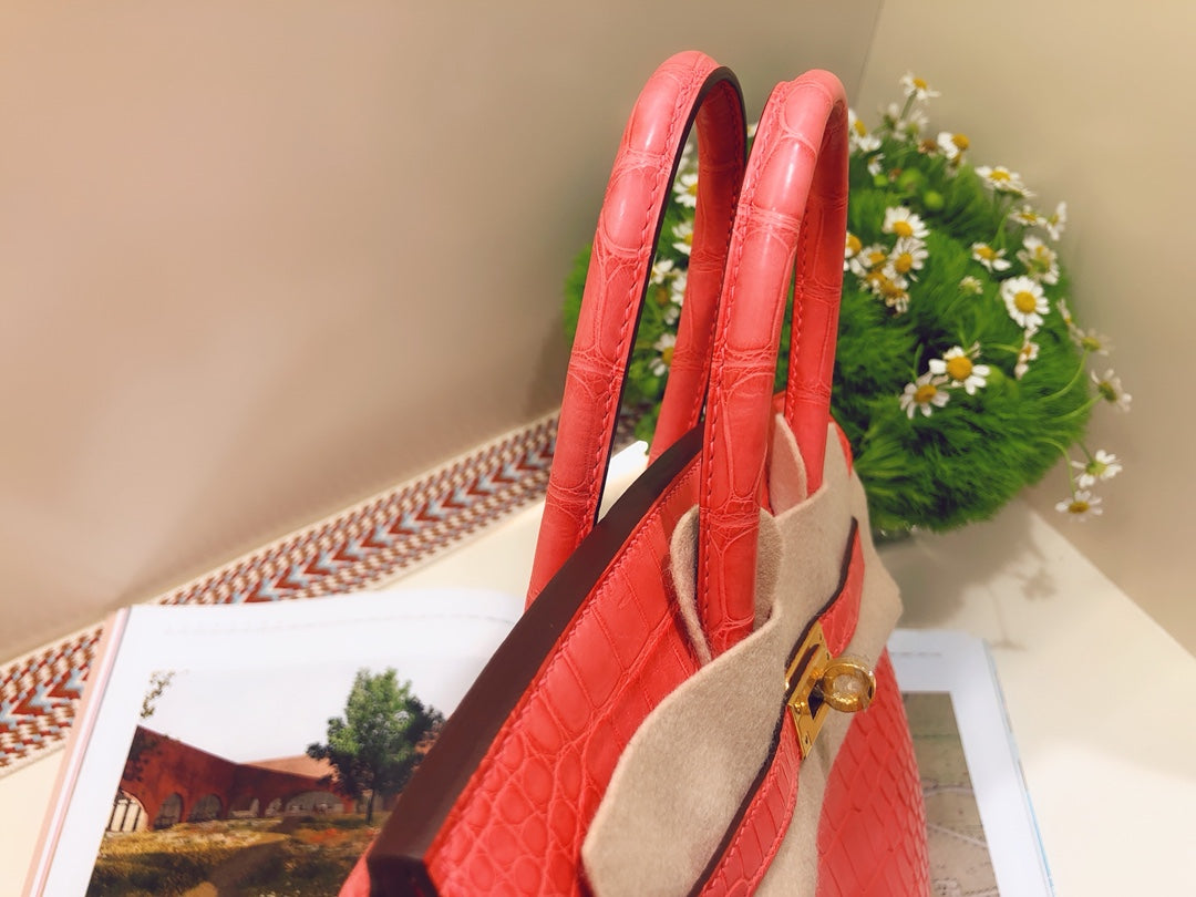 小愛款-Birkin 25 美洲方塊鱷魚 A5 Mat croco handle 杜鵑紅 金扣