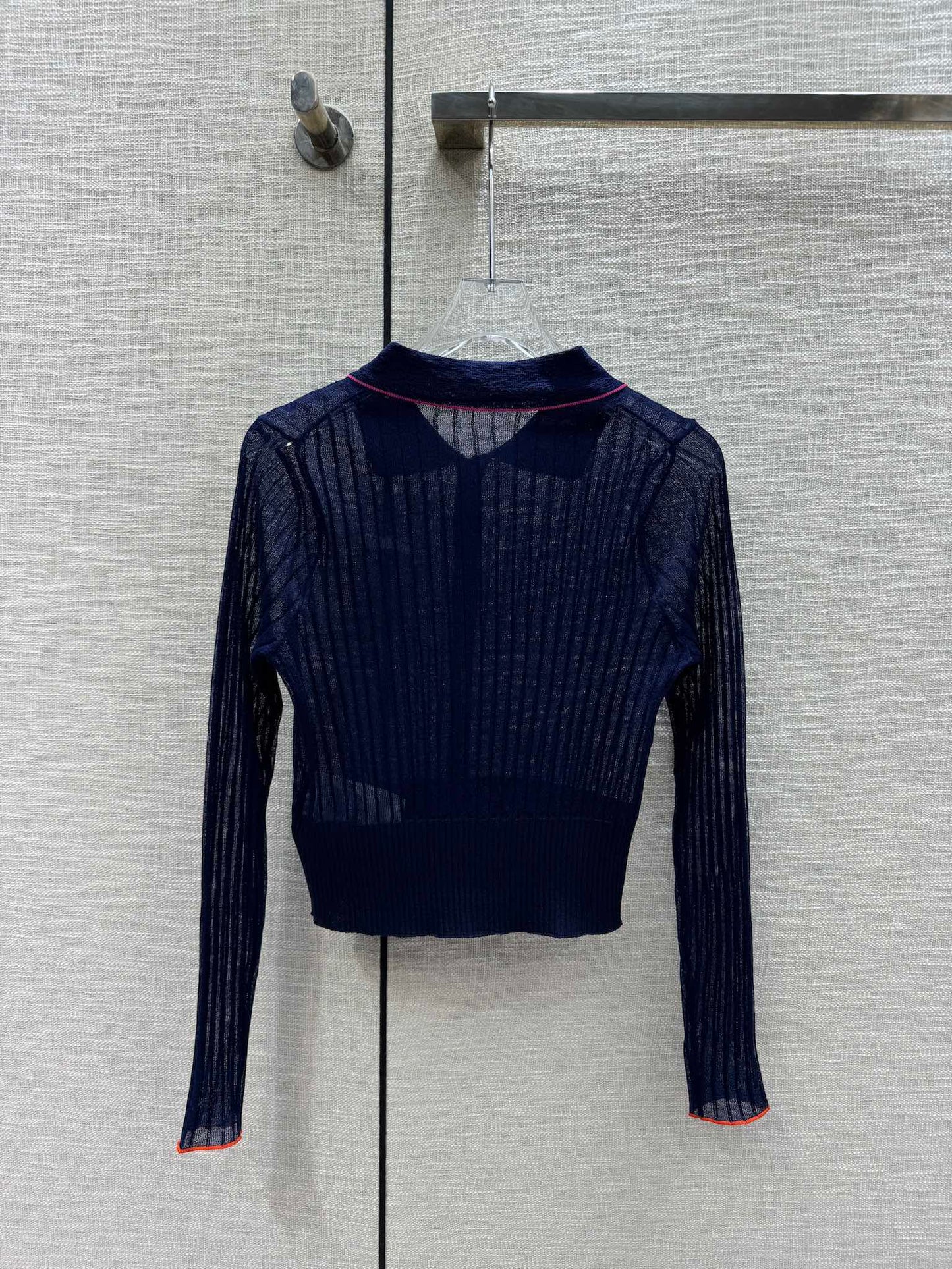 穆M家-2404 撞色polo領長袖針織開襟衫 藏藍色