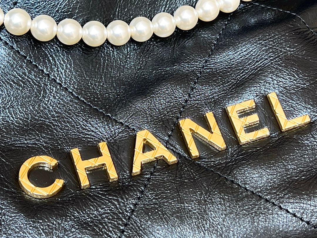 小香家-Chanel 22號手袋 黑色 雙鍊條 珍珠鍊