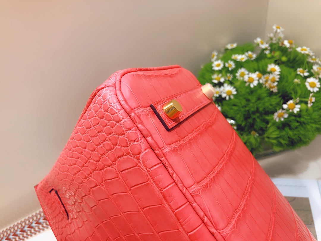 小愛款-Birkin 25 美洲方塊鱷魚 A5 Mat croco handle 杜鵑紅 金扣