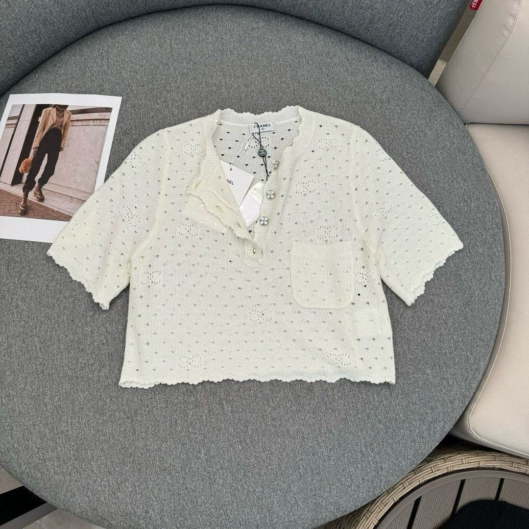小香家-2403 春夏新款鏤空鉤花針織小上衣 白色