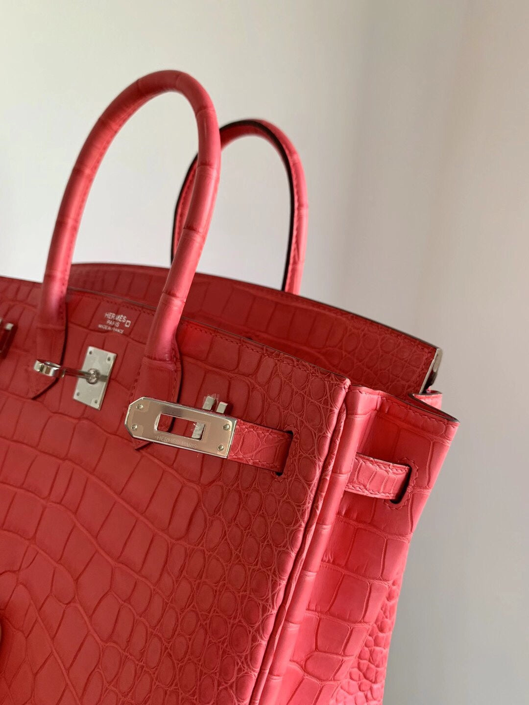 小愛款-Birkin 25 美洲方塊鱷魚 A5 Mat croco handle 杜鵑紅 銀扣