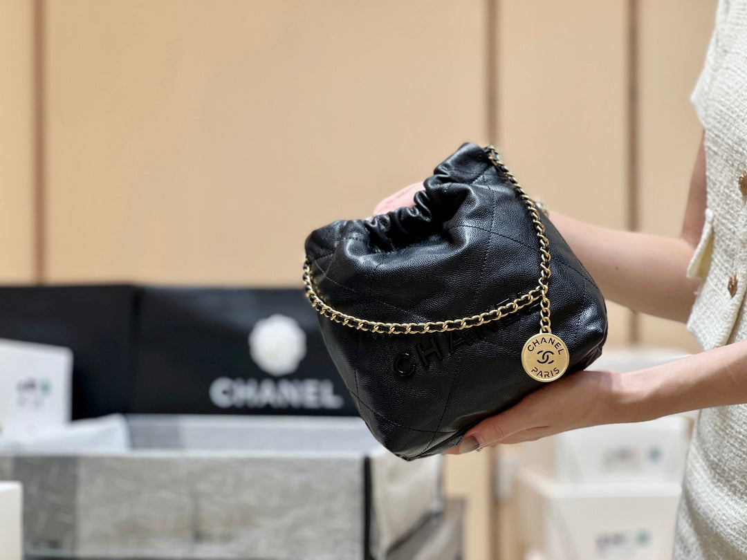 小香家-Chanel 22號手袋 魚子醬皮黑金色 小號