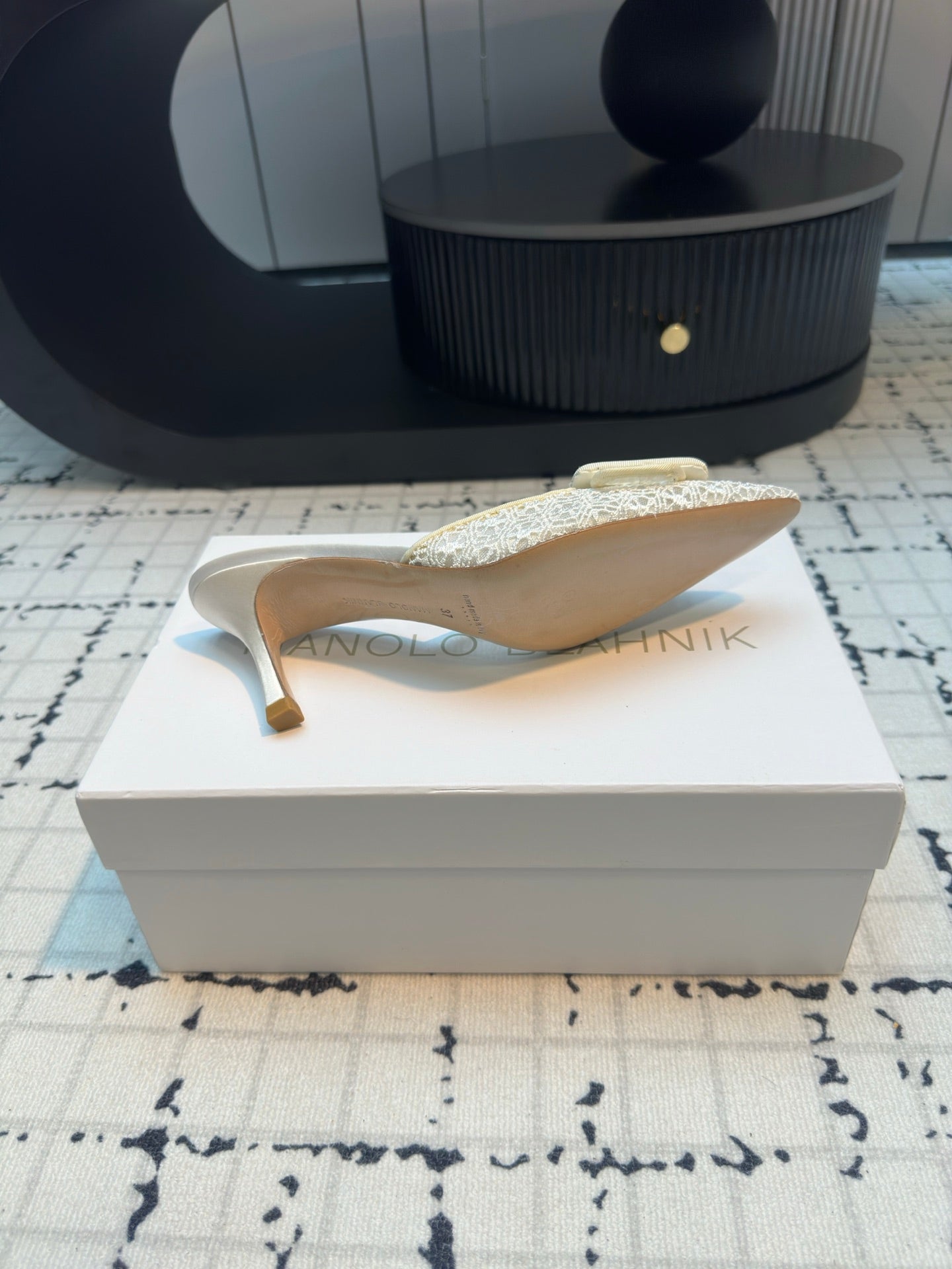 Manolo Blahnik-2024 蕾絲高跟拖鞋 白色