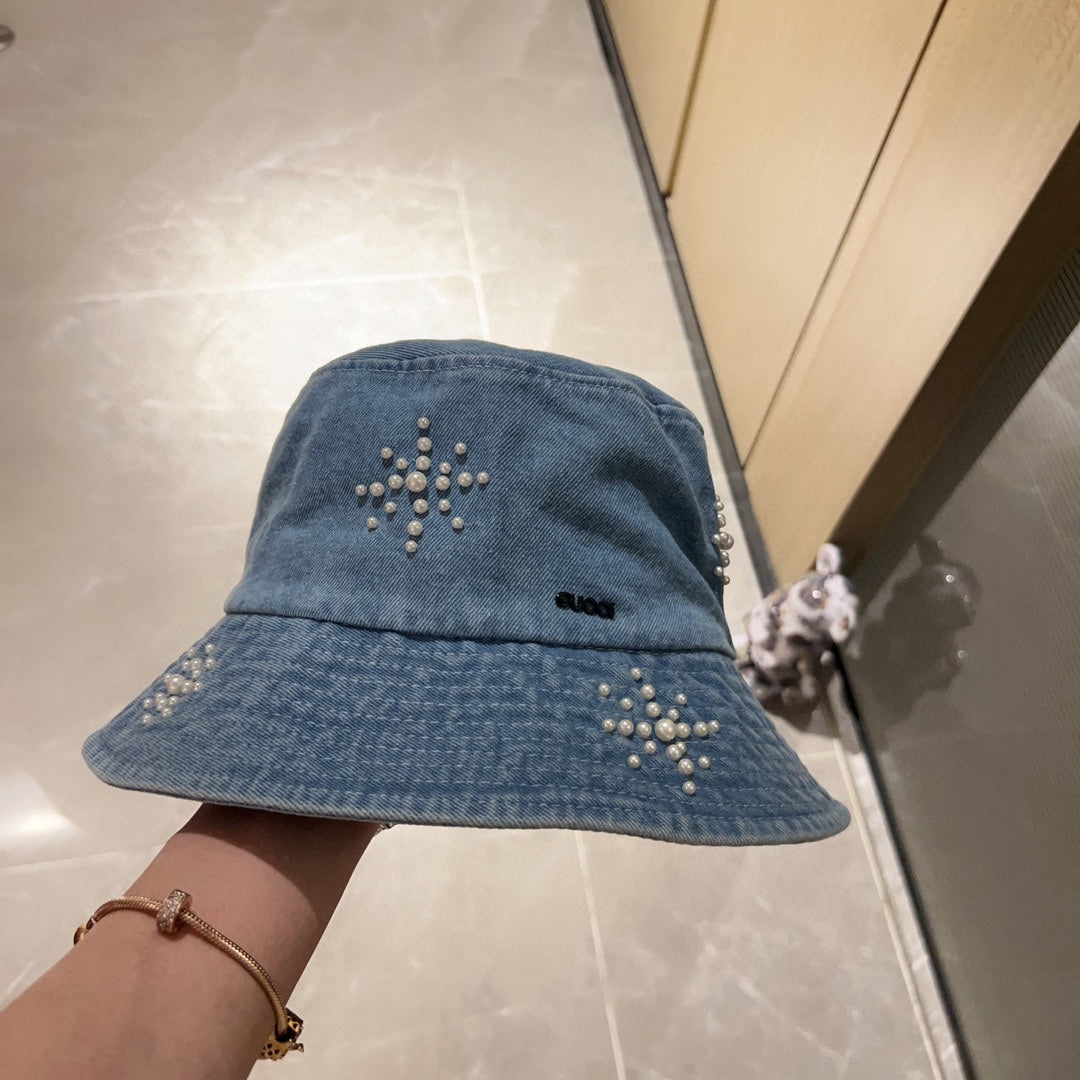 古G家-2023早秋新款重工珍珠牛仔漁夫帽 淺藍