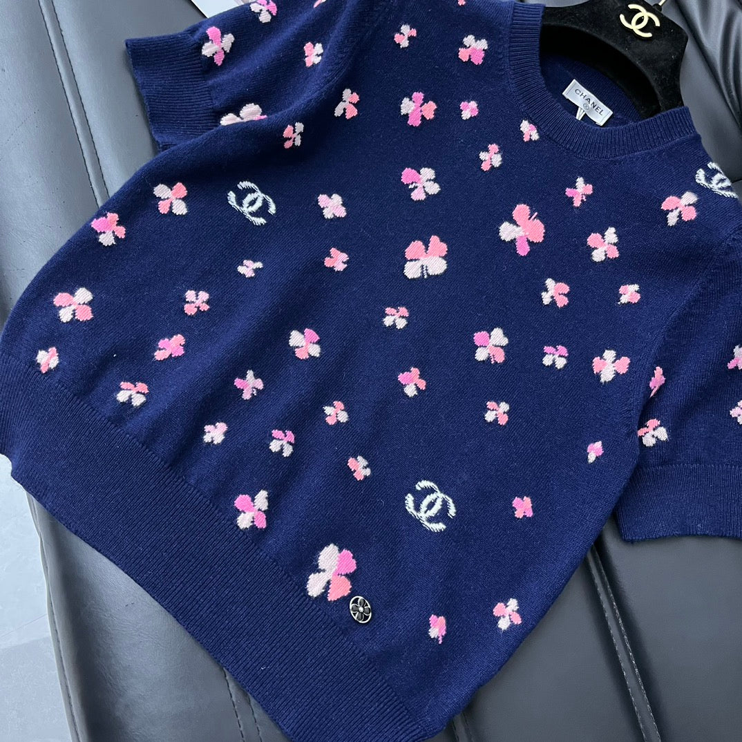 小香家-2403 提花針織短袖上衣 藍色