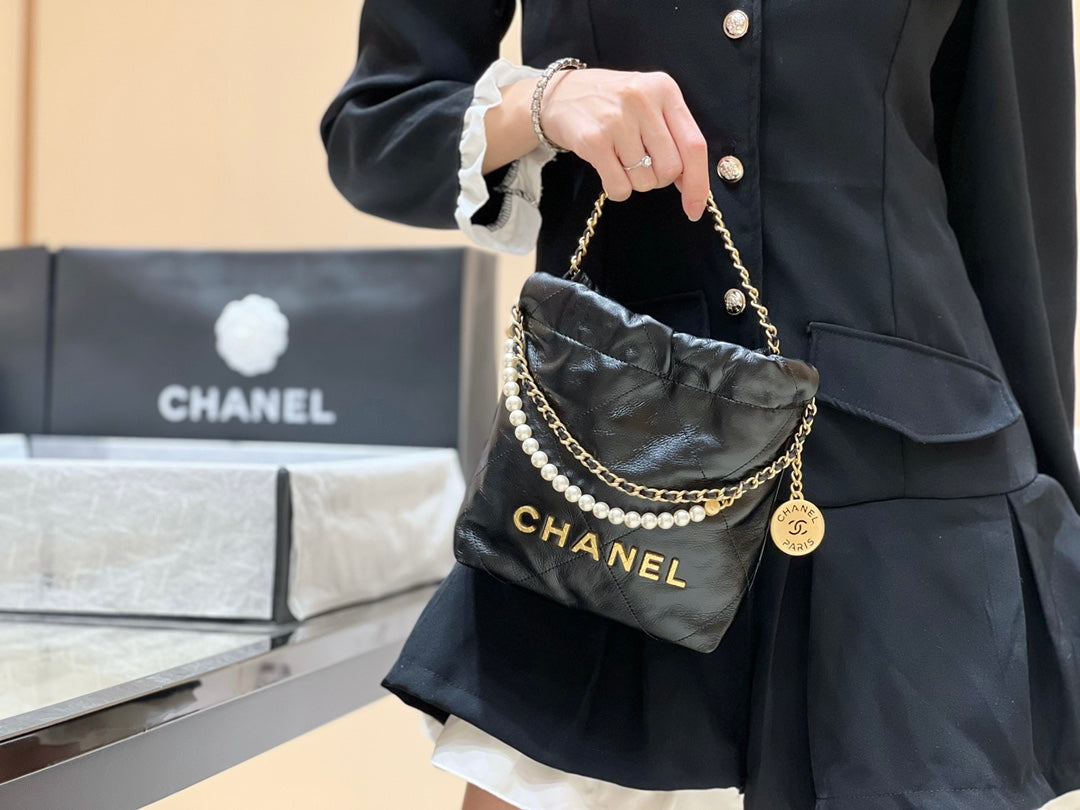 小香家-Chanel 22號手袋 黑色 雙鍊條 珍珠鍊